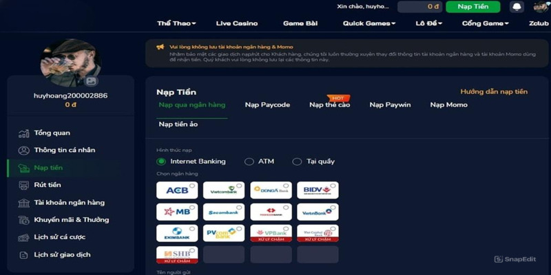 Nhà cái hỗ trợ nhiều phương thức nạp/rút tiền cho hội viên 